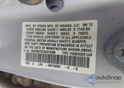 2012 Honda Civic Lx z USA, uszkodzony, nr VIN 19XFB2F52CE374365